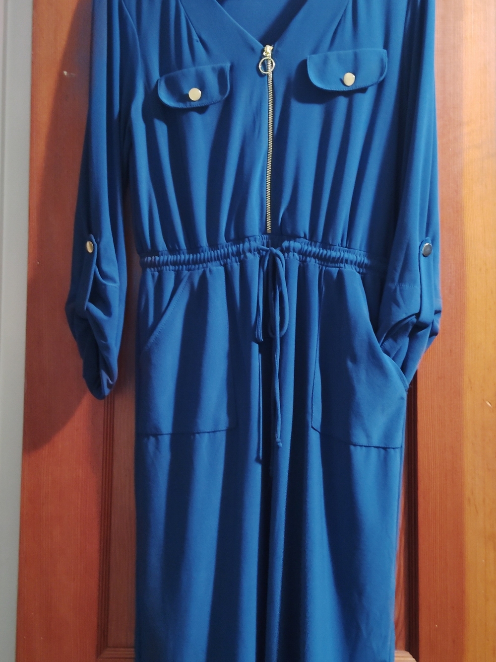 Emma & Michele Long Sleeve Drawstring Zip Dress in Teal Blue